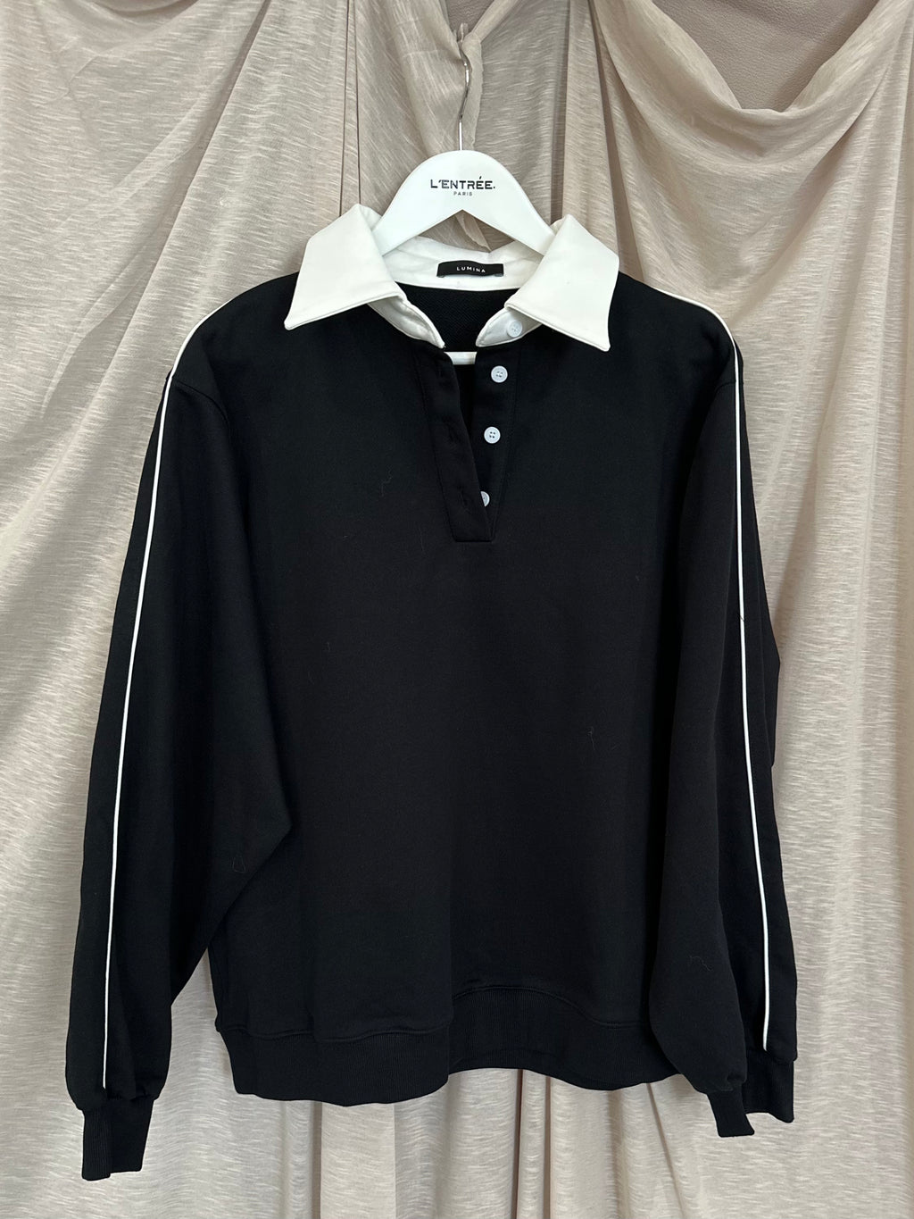 Sweat-shirt noir à col polo bicolore